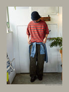 USAGE Retro Striped Cotton T Shirt in Red - On Male Model