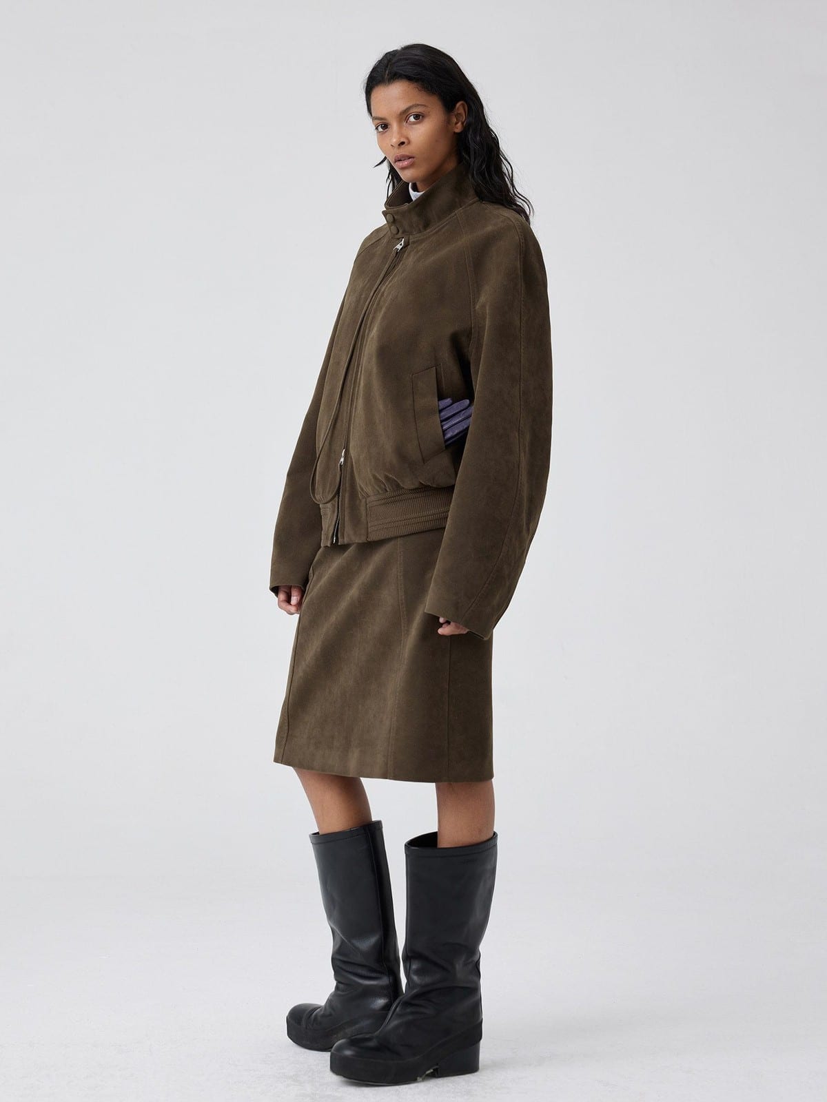 SIMPLE PROJECT Suedette Harrington Jacket in Brown - On Female Model