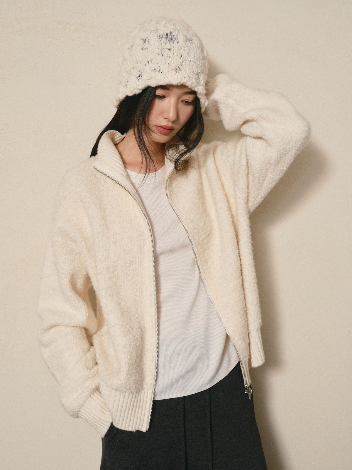 TEASEL Merino Wool Boucl Zip Cardigan in White - On Female Model