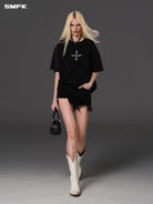 SMFK Oversized Cotton Graphic T Shirt in Black - On Female Model