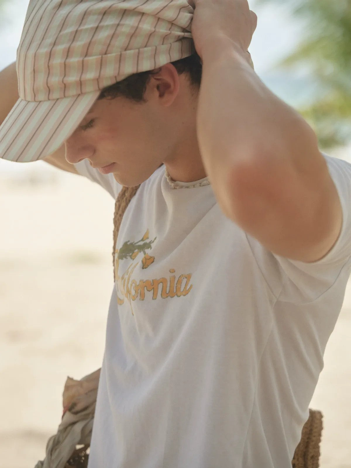 Retro 21 California Graphic Cotton T Shirt in White - On Male Model