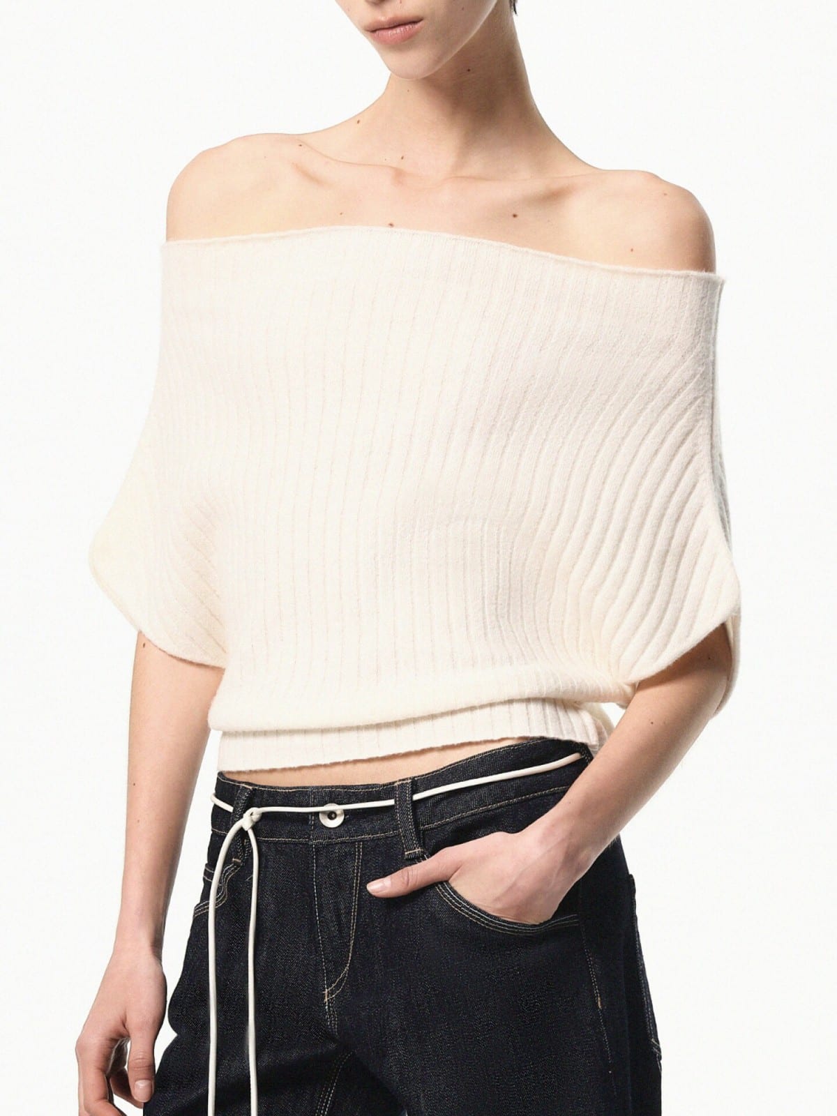 RARELY ALIKE Multi Way Wool Blend Knit Top in White - On Female Model