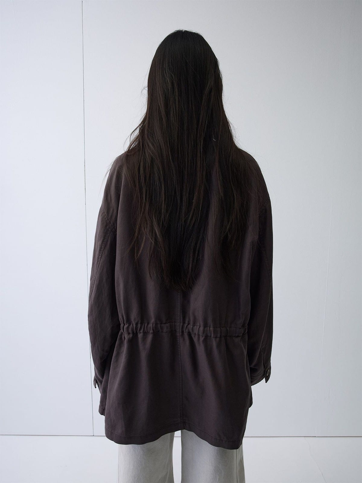 Random Piece Linen Blend Multi Pocket Cargo Jacket in Brown - On Model