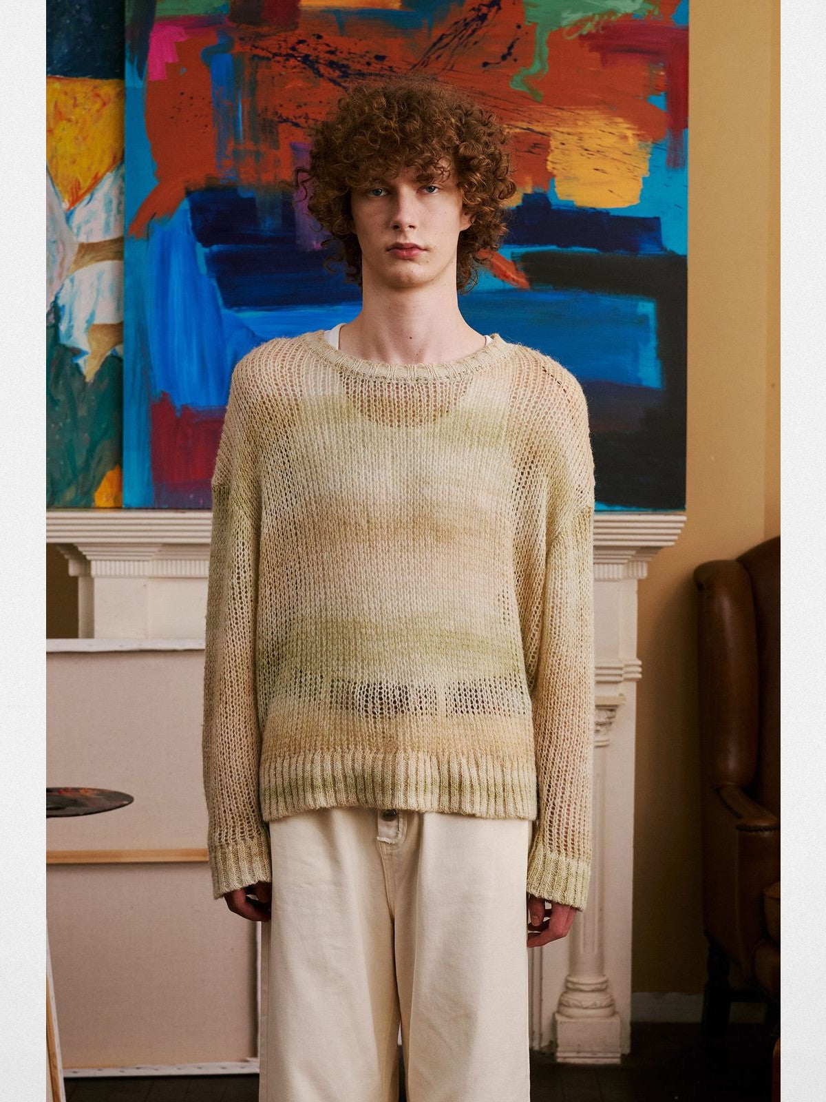 Retro 21 Gradient Open Knit Wool Blend Sweater in Sand - On Male Model