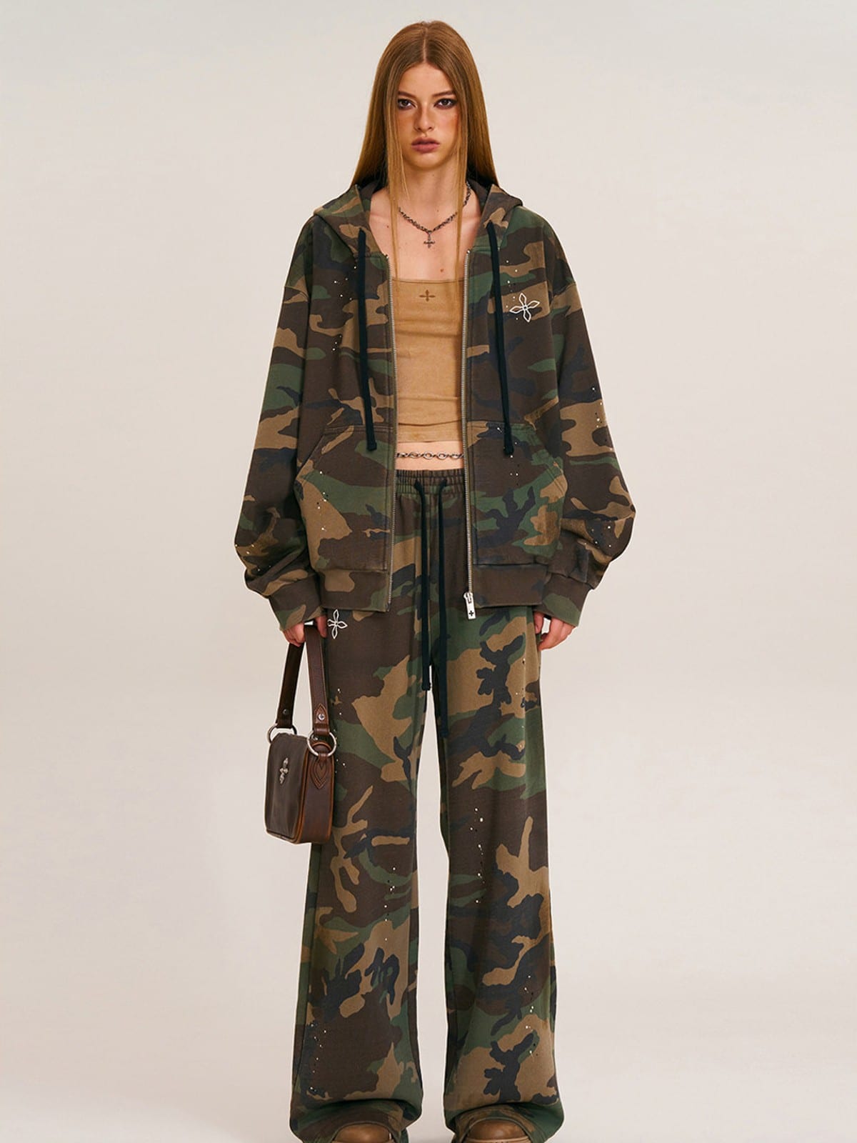 SMFK Cross Embroidered Cotton Zip Up Hoodie in Green - On Female Model