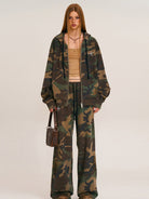 SMFK Cross Embroidered Cotton Zip Up Hoodie in Green - On Female Model