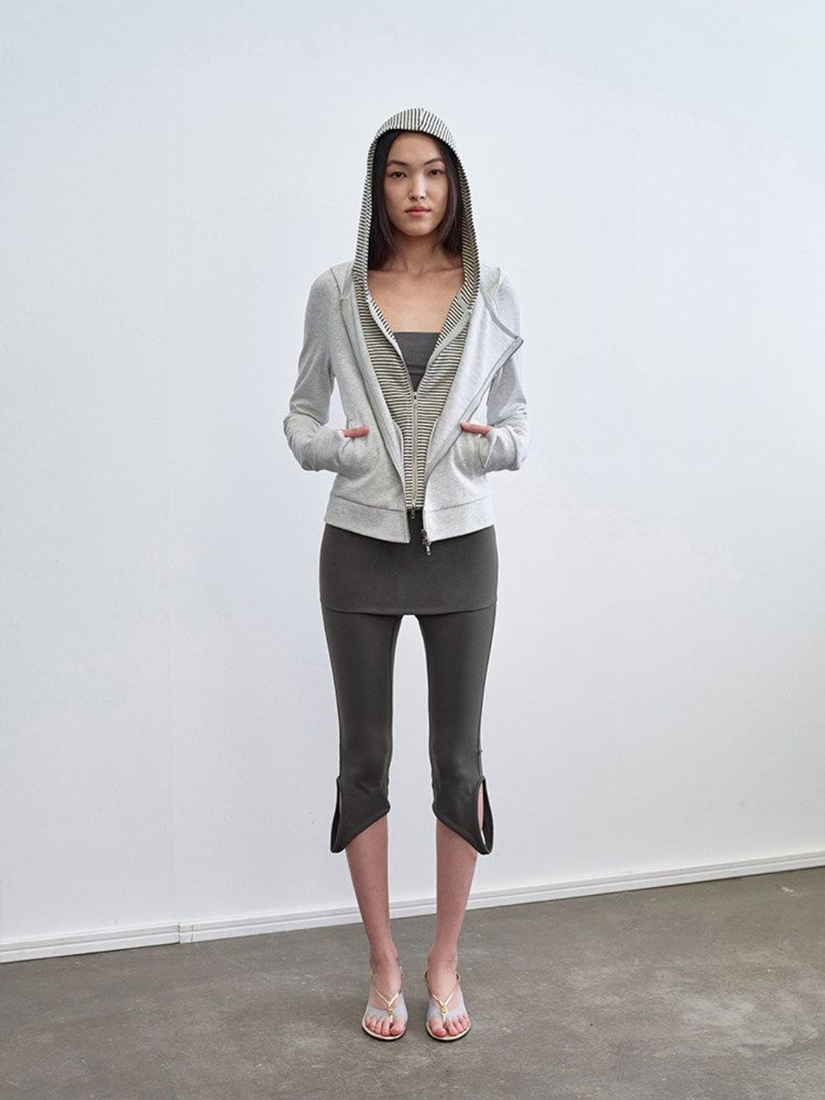 RARELY ALIKE Asymmetric Layered Color Block Hoodie in Light Gray - On Female Model