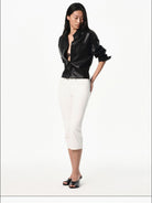 RARELY ALIKE Cropped Faux Leather Button Down Shirt in Black - On Female Model