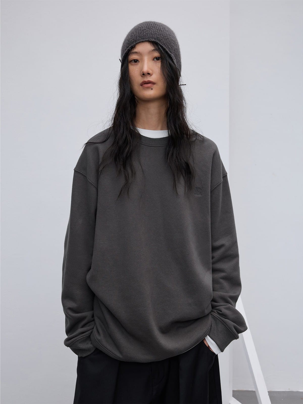 Random Piece Cotton Kapok Blend Crewneck Sweatshirt in Gray - On Female Model