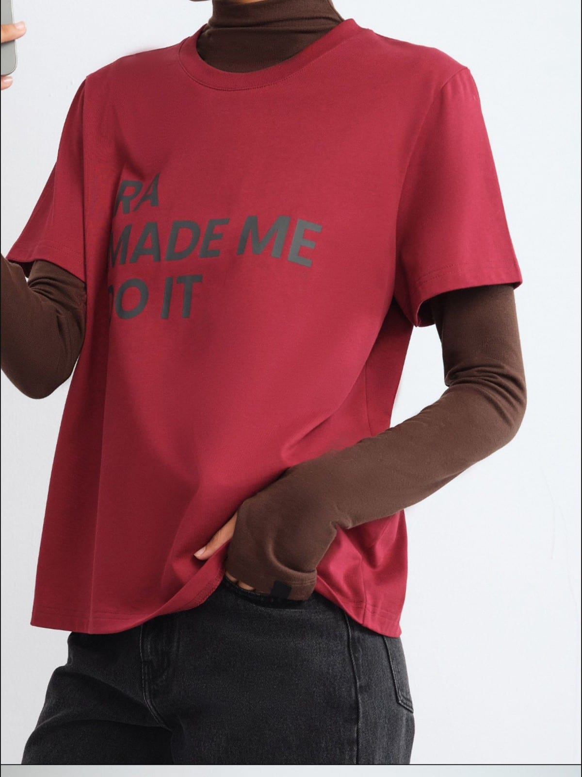 RARELY ALIKE Anniversary Slogan Cotton T Shirt in Burgundy - On Model