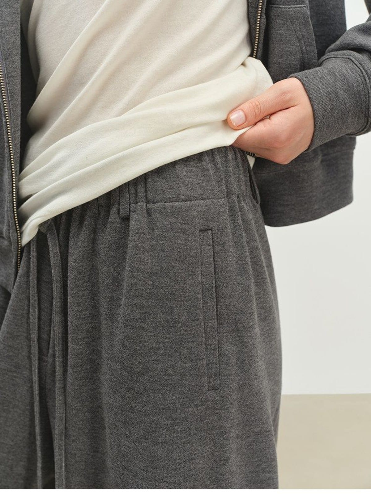 MSBEAST Wool Blend Cropped Hoodie Sweatpants Set in Gray - On Model
