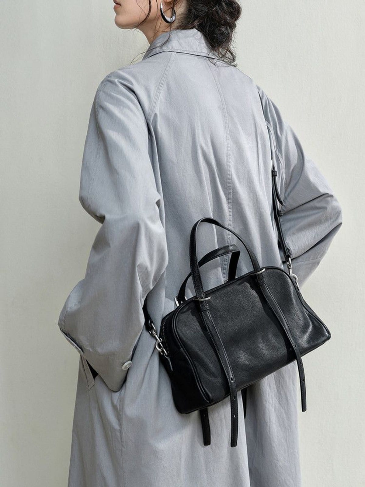 QIUZHEN Vegetable Tanned Kidskin Bowling Bag in Black - On Female Model