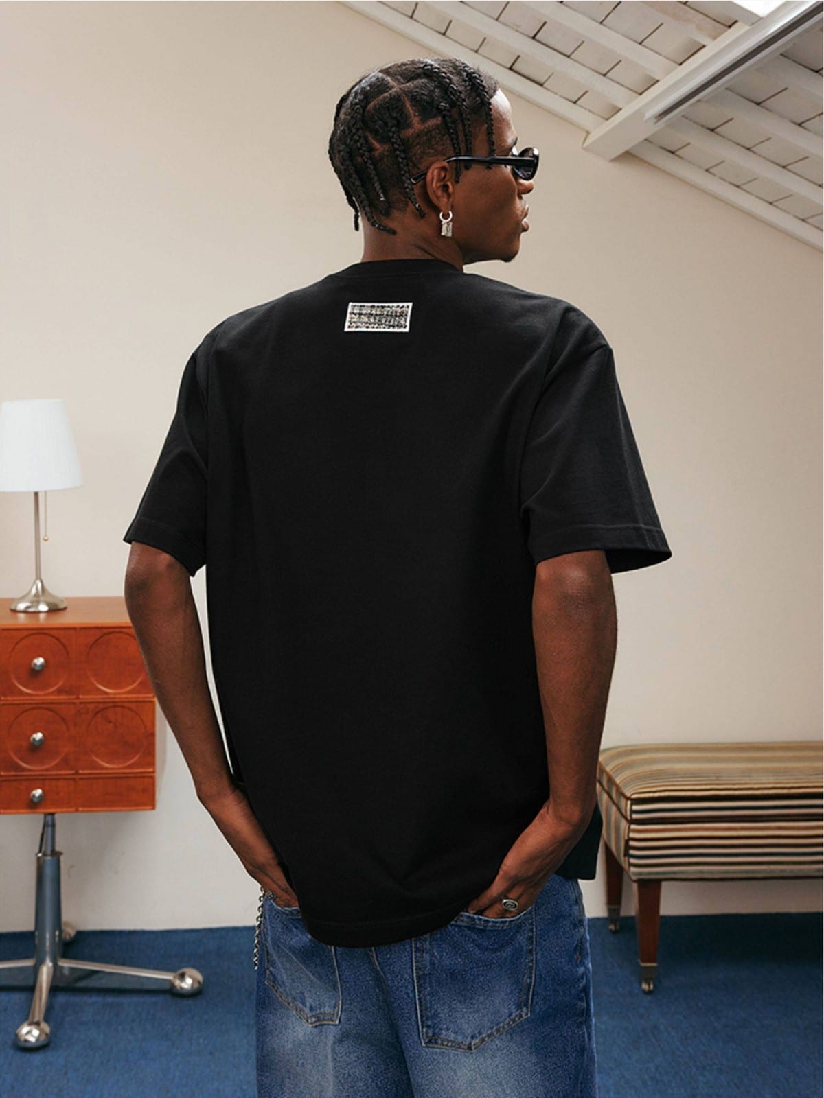 MEDM Pearl Embellished Letter Cotton T Shirt in Black - On Male Model