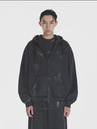 MASONPRINCE Distressed Painted Zip Up Hoodie in Charcoal - On Male Model