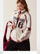 Beer Bro Varsity Patch Zip Up Cardigan in Off-White - On Female Model
