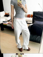 RARELY ALIKE Cotton Blend Crew Neck T Shirt in Gray - On Female Model