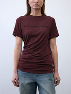 Random Piece Lyocell Blend Letter Print T Shirt in Burgundy - On Female Model