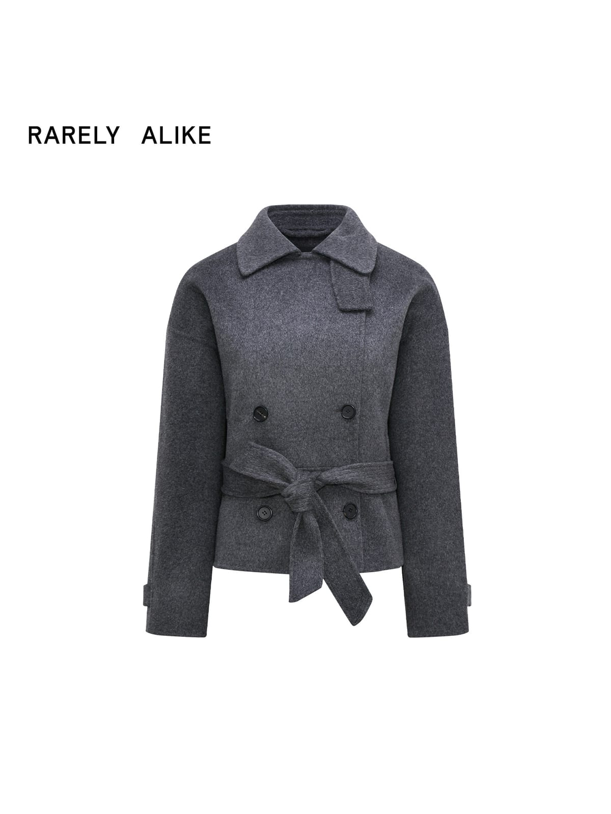 RARELY ALIKE Belted Double Breasted Short Wool Coat in Gray