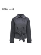 RARELY ALIKE Belted Double Breasted Short Wool Coat in Gray