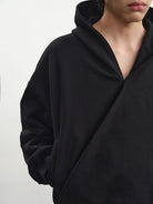 JCAESAR STUDIO Double Button Cross Collar Hoodie in Black - On Male Model