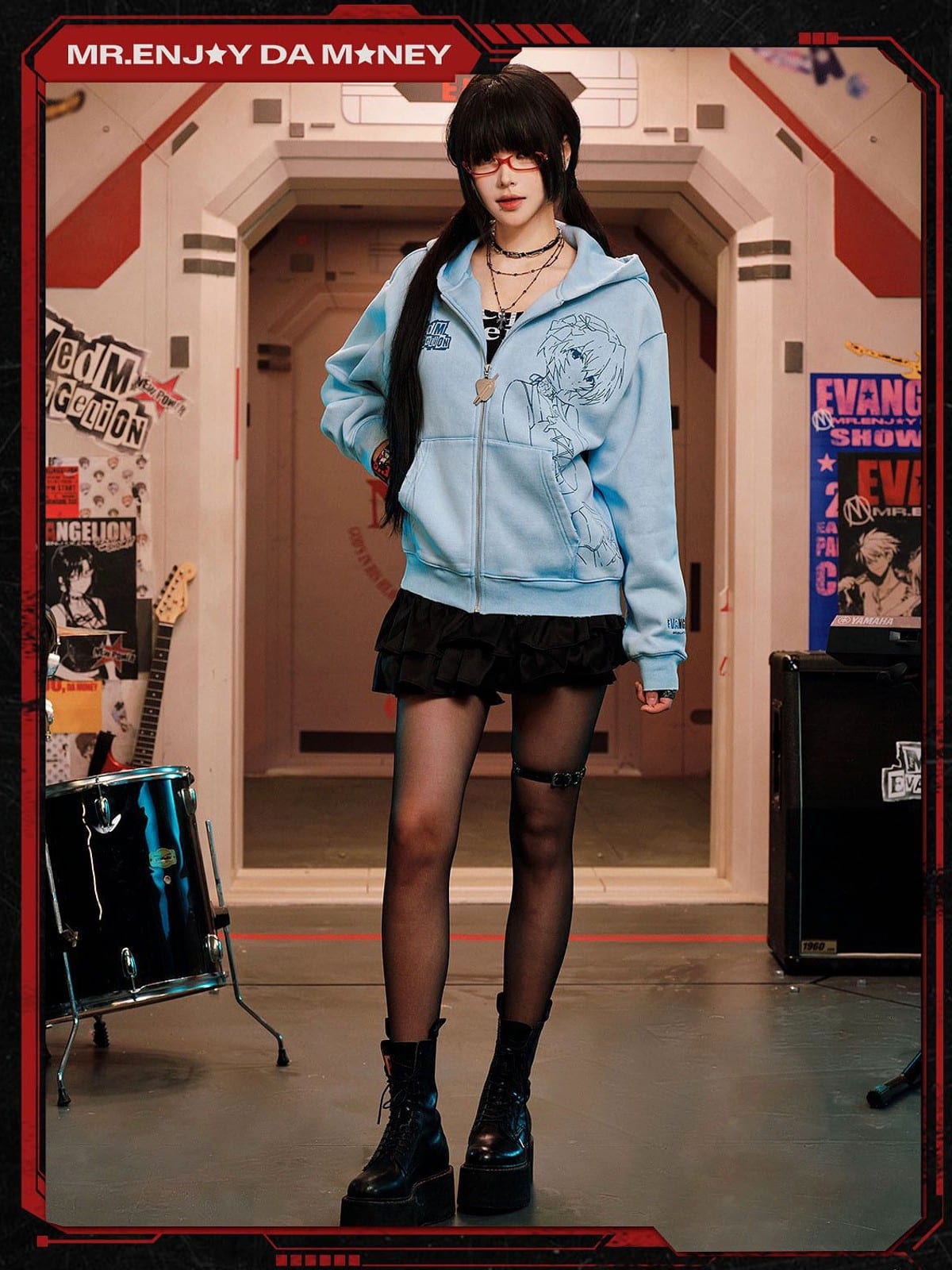 MEDM Evangelion Distressed Zip Up Hoodie in Sky Blue - On Female Model