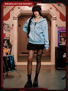 MEDM Evangelion Distressed Zip Up Hoodie in Sky Blue - On Female Model