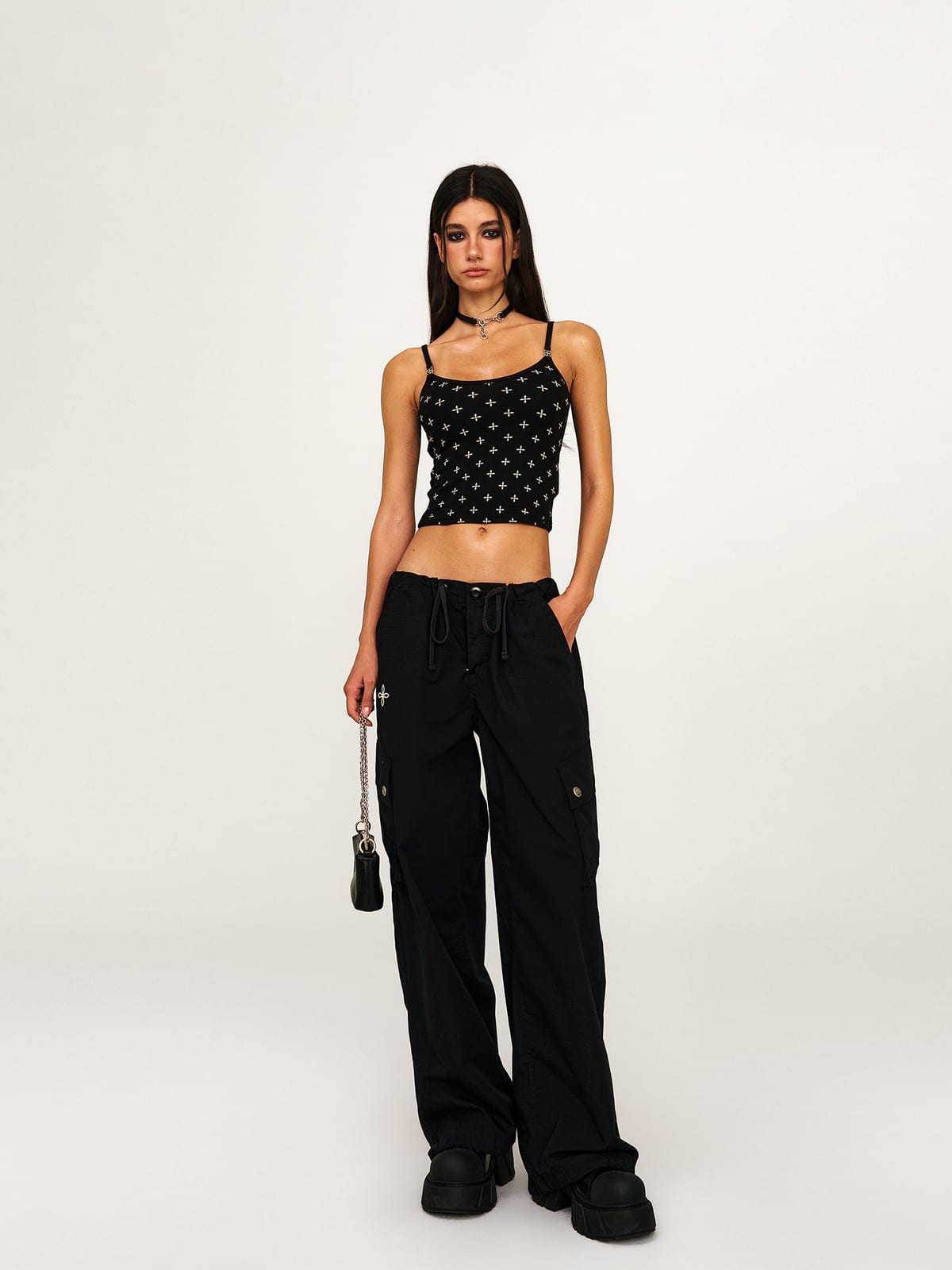SMFK Wide Leg Parachute Cargo Pants in Black - On Female Model