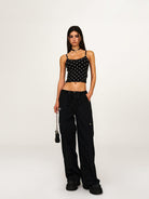 SMFK Wide Leg Parachute Cargo Pants in Black - On Female Model