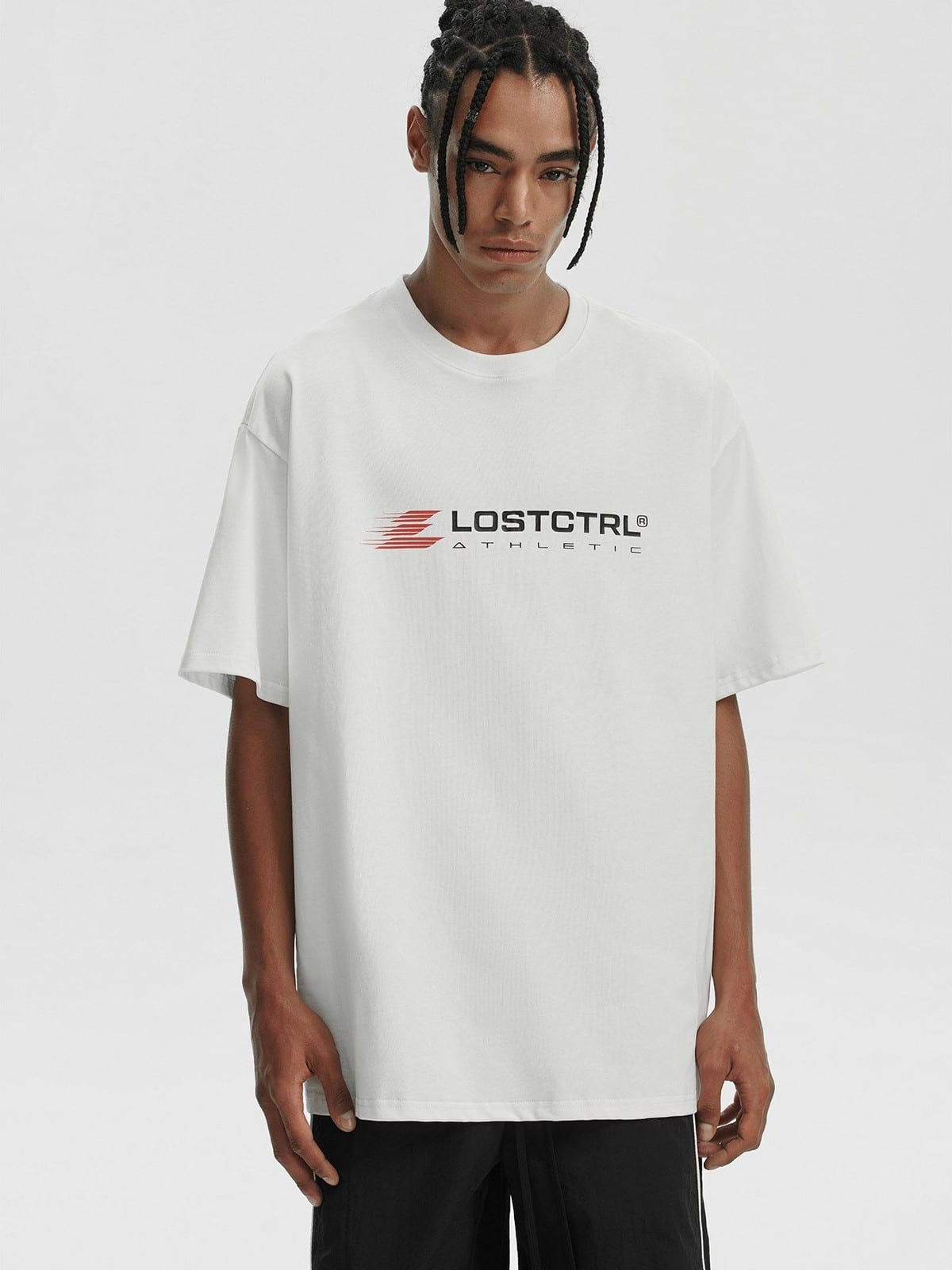LOSTCTRL Heavyweight Cotton Graphic T Shirt in White - On Male Model