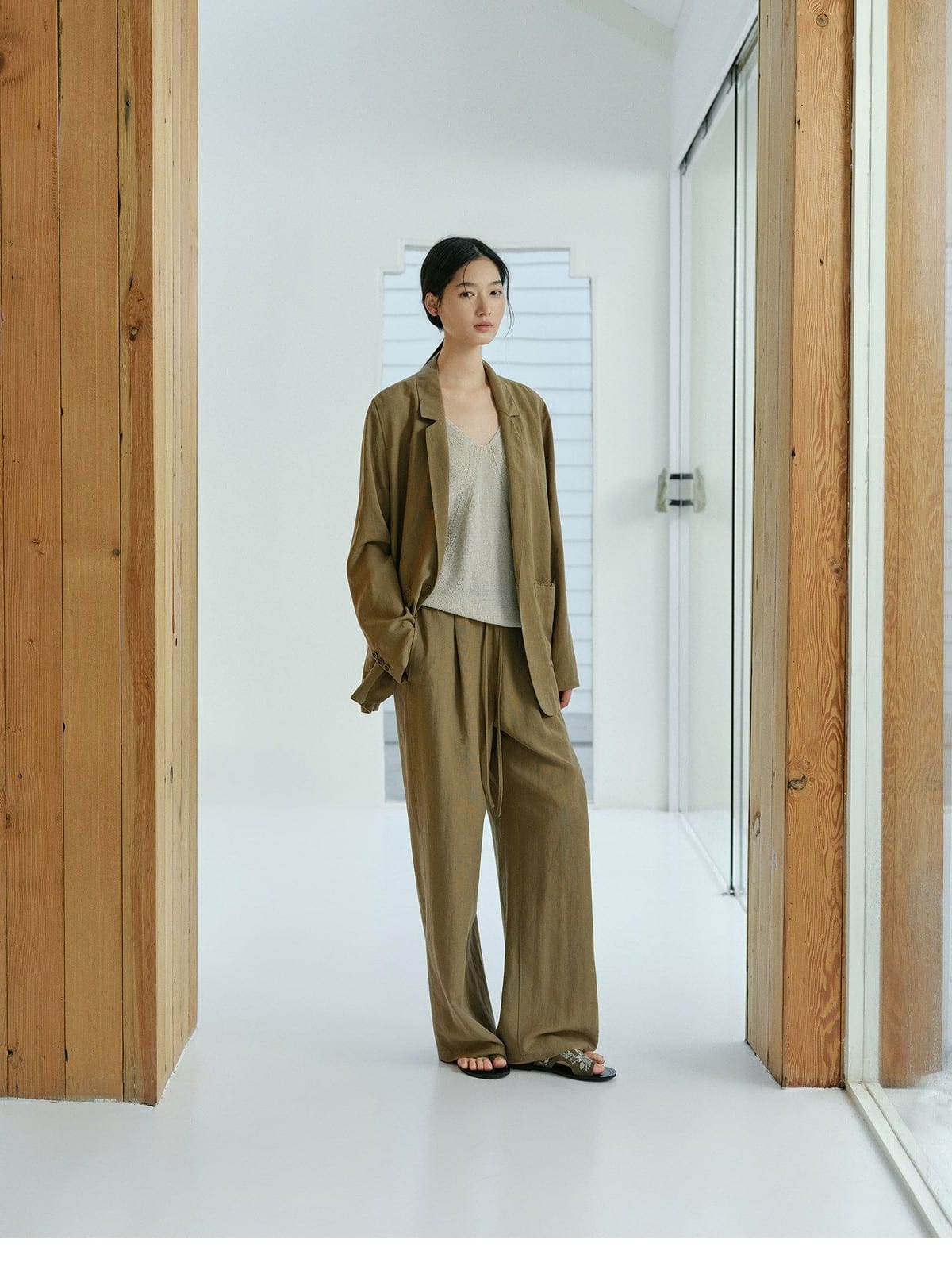 TEASEL Linen Blend Blazer Wide Leg Pants Set in Brown - On Female Model