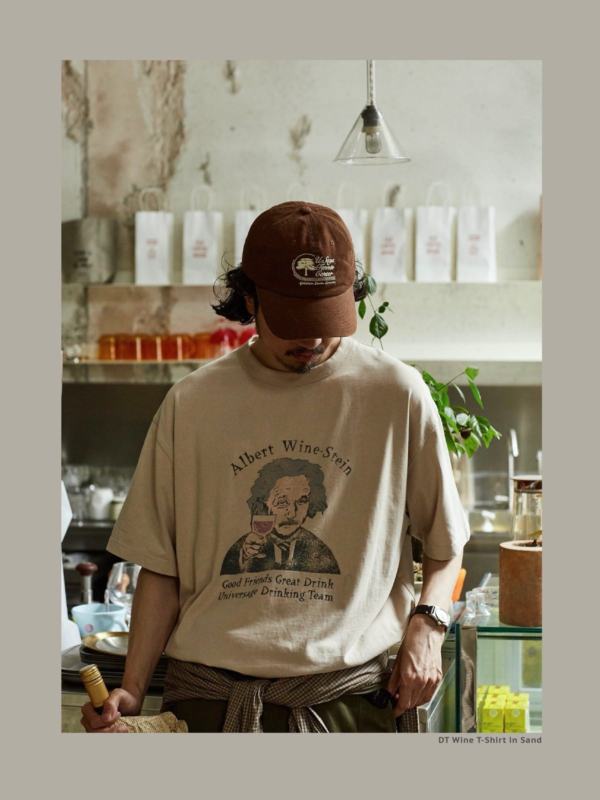 USAGE Vintage Wash Einstein Graphic T Shirt in Beige - On Male Model