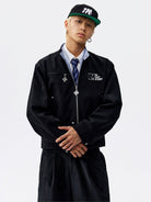 MEDM Plaid Collar Cotton Zip Up Jacket in Black - On Male Model