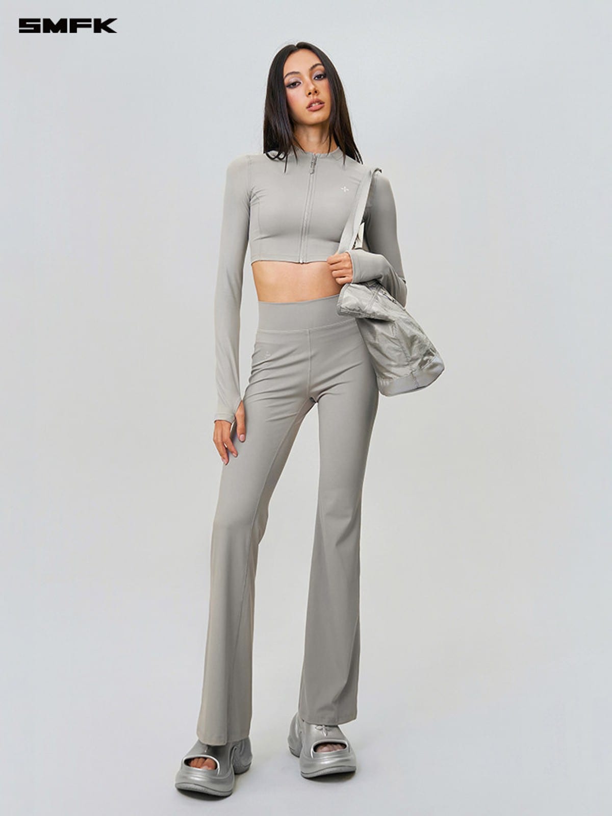 SMFK Zip Front Cropped Activewear Jacket in Gray - On Female Model
