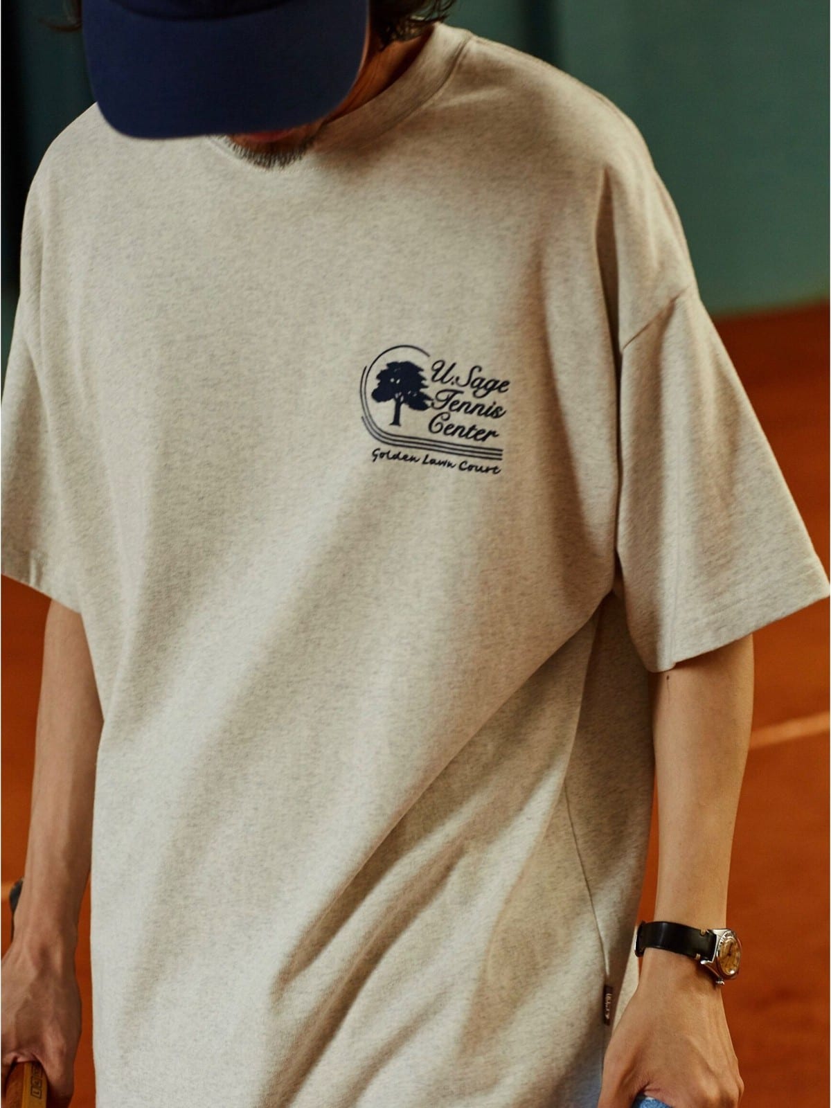 USAGE Retro Tennis Graphic Cotton T Shirt in Gray - On Male Model