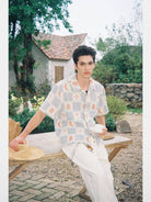 Retro 21 Knitted Plaid Camp Collar Shirt in Blue - On Male Model
