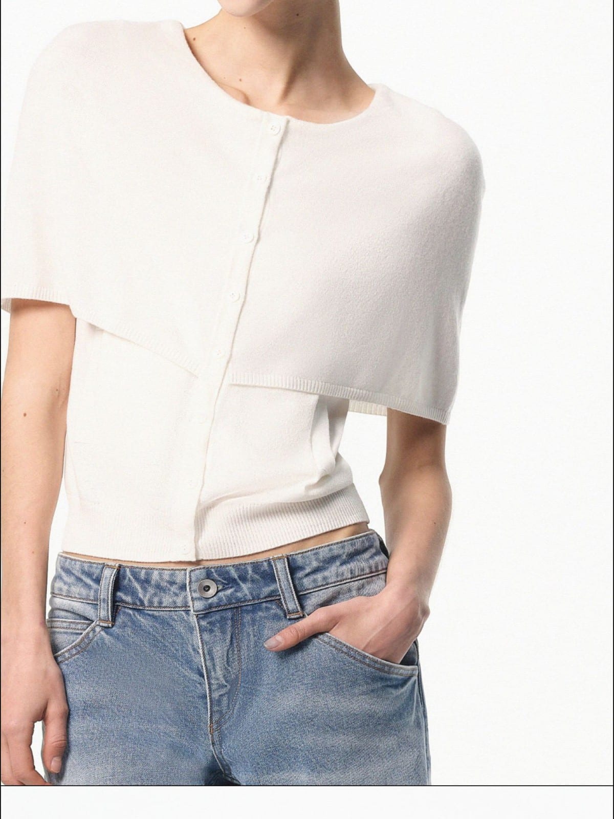 RARELY ALIKE Mock Two Piece Cape Knit Cardigan in Denim - On Female Model