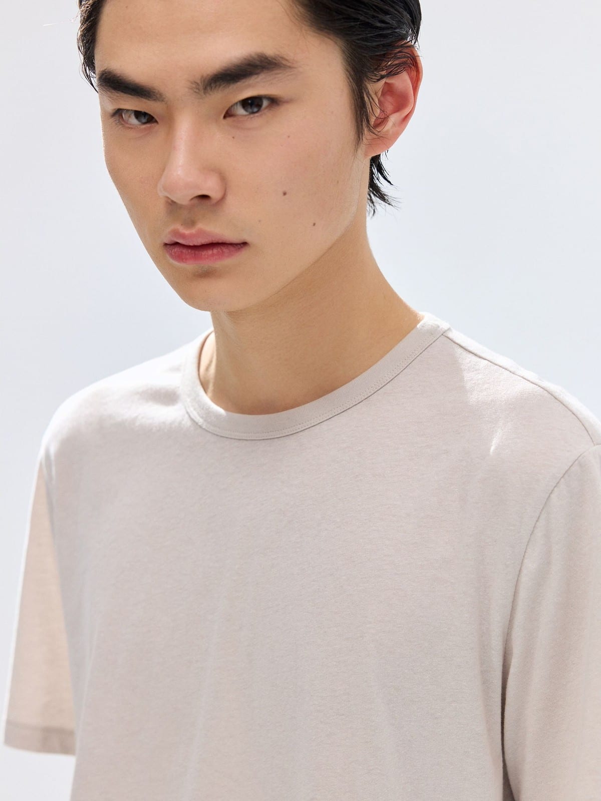 SIMPLE PROJECT Kapok Blend Crewneck T Shirt in Beige - On Male Model