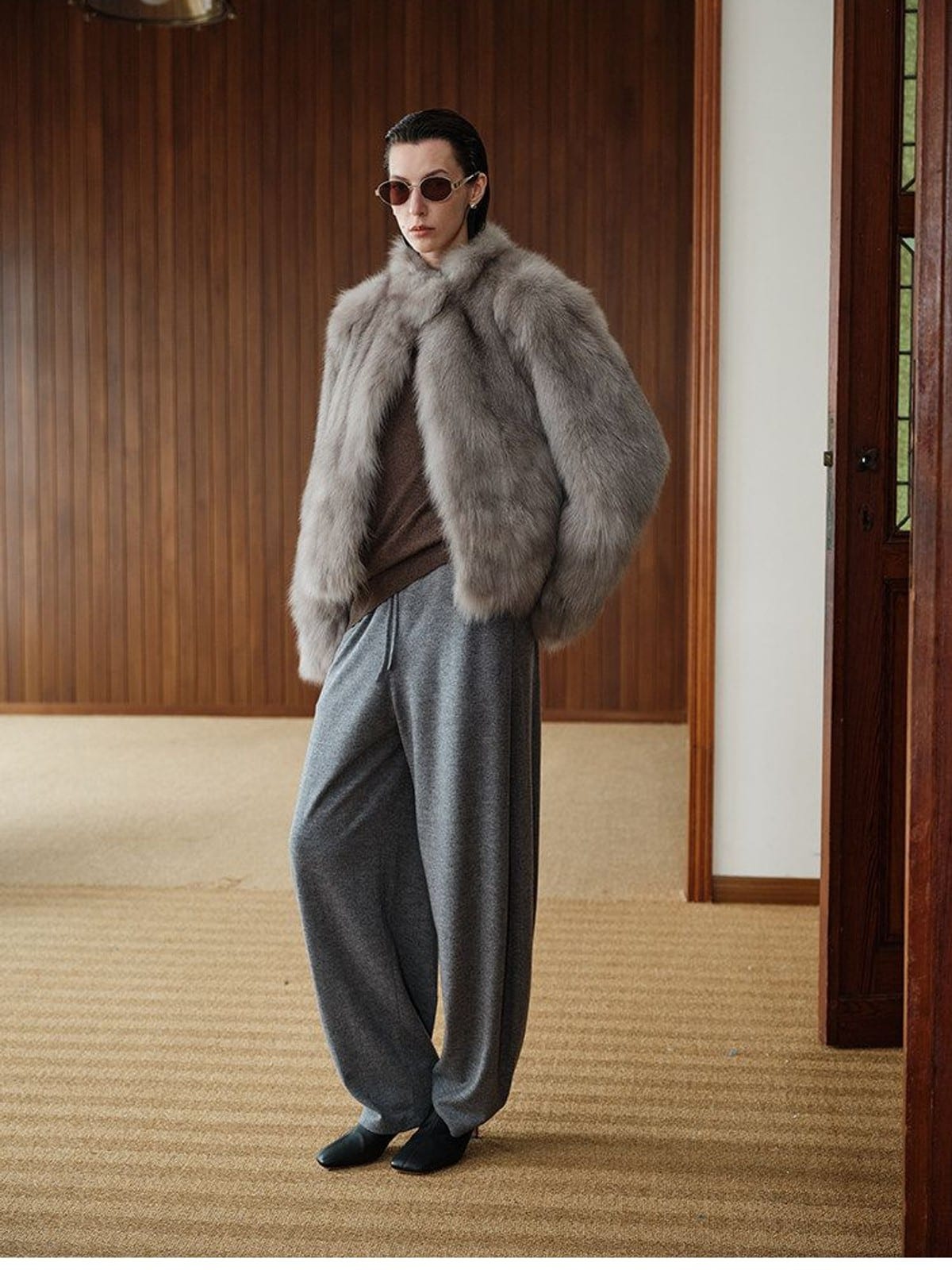 MSBEAST Stand Collar Fox Fur Jacket in Beige - On Female Model