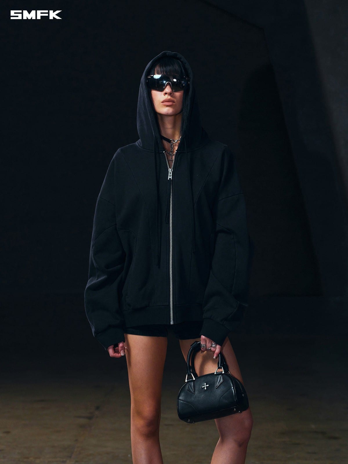 SMFK Oversized Zip Up Cotton Hoodie in Black - On Female Model