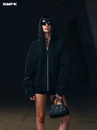 SMFK Oversized Zip Up Cotton Hoodie in Black - On Female Model