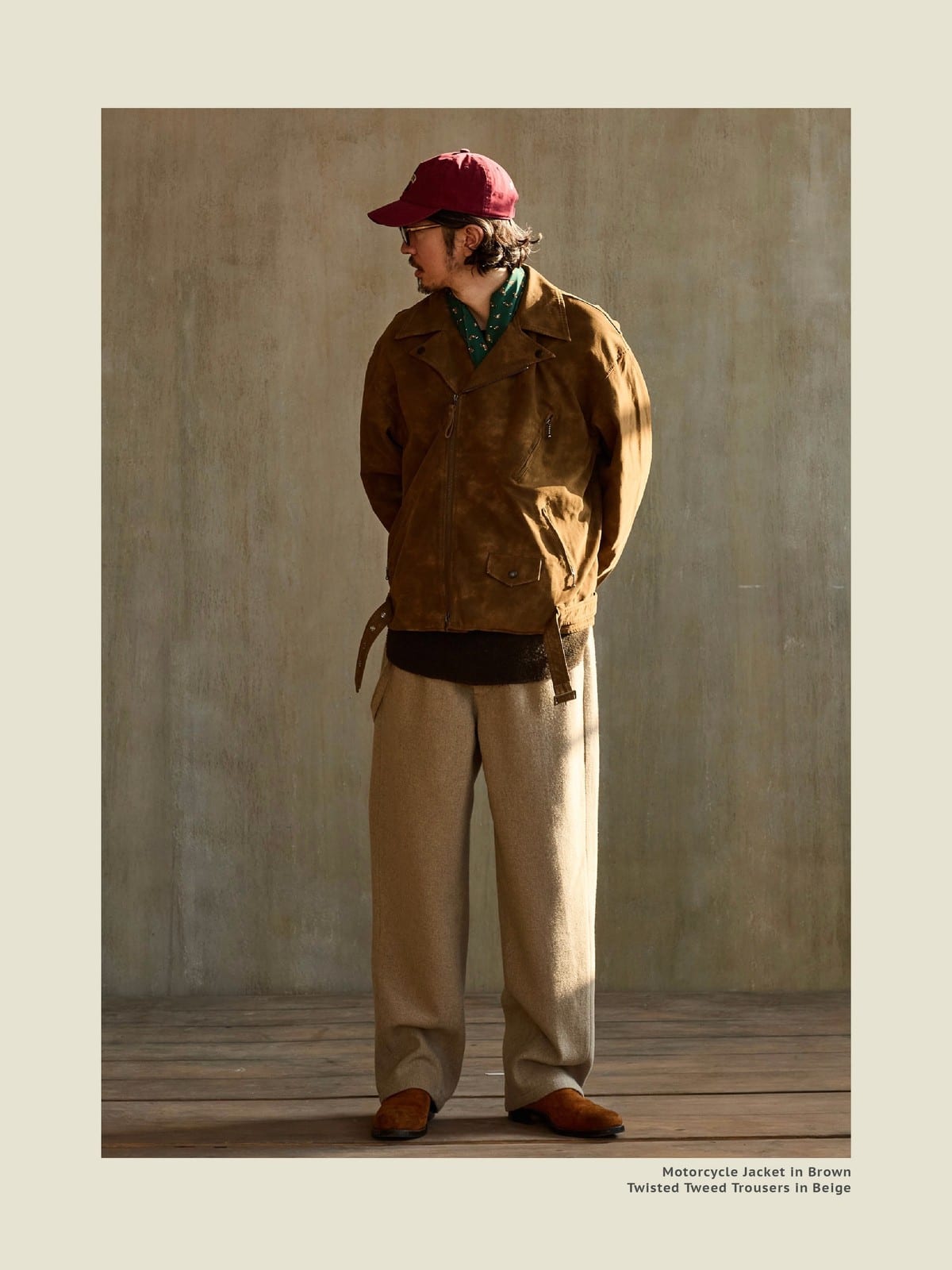 USAGE Distressed Faux Suede Moto Jacket in Brown - On Male Model