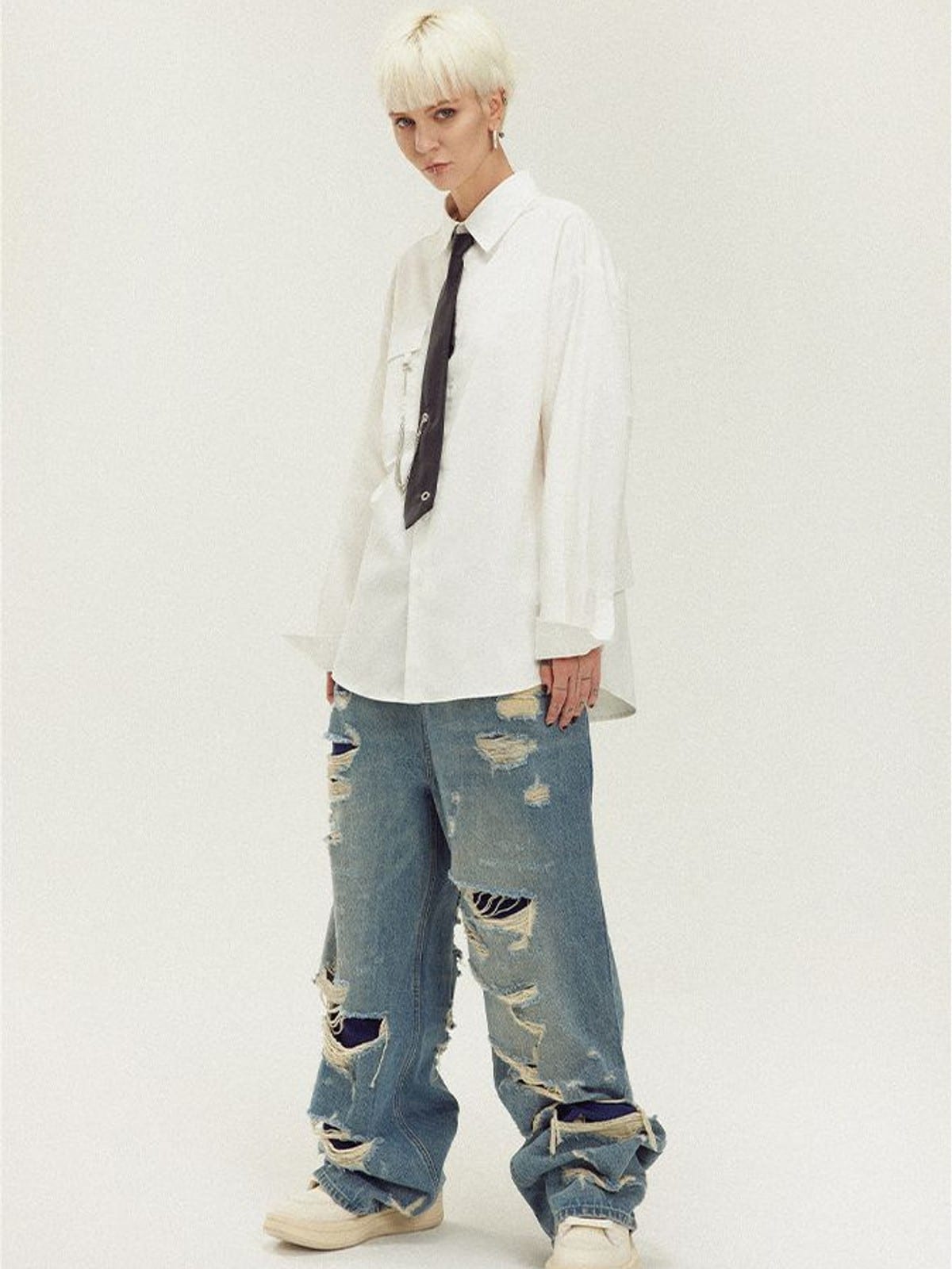 LOSTCTRL Heavy Distressed Double Layer Jeans in Blue - On Model