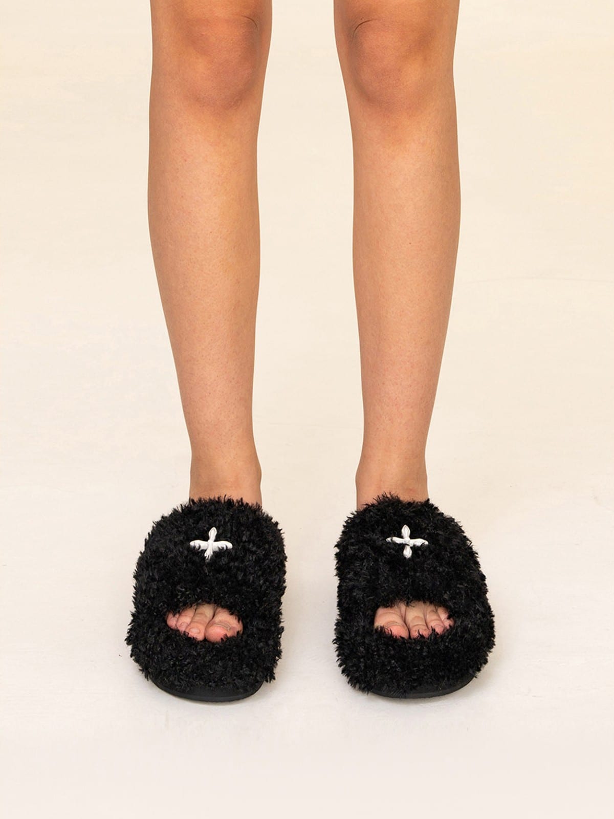 SMFK Cross Motif Faux Fur Platform Slides in Black - On Model