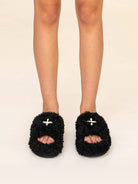SMFK Cross Motif Faux Fur Platform Slides in Black - On Model