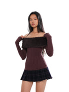 SweetChilling Fluffy Off the Shoulder Pleated Dress in Brown - On Female Model