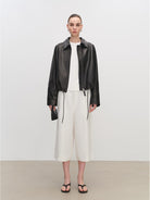 MSBEAST Cropped Leather Drawstring Jacket in Black - On Female Model