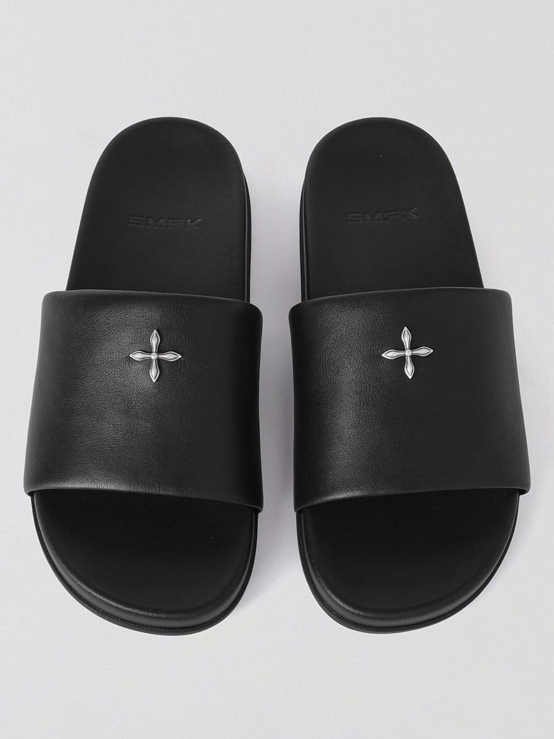 SMFK Leather Cross Detail Slide Sandals in Black