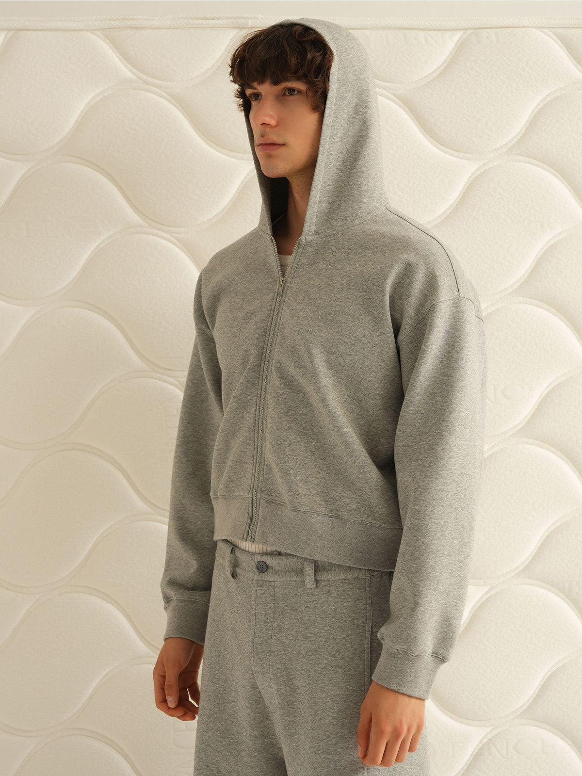 Retro 21 Boxy Air Layer Zip Up Hoodie in Gray - On Male Model