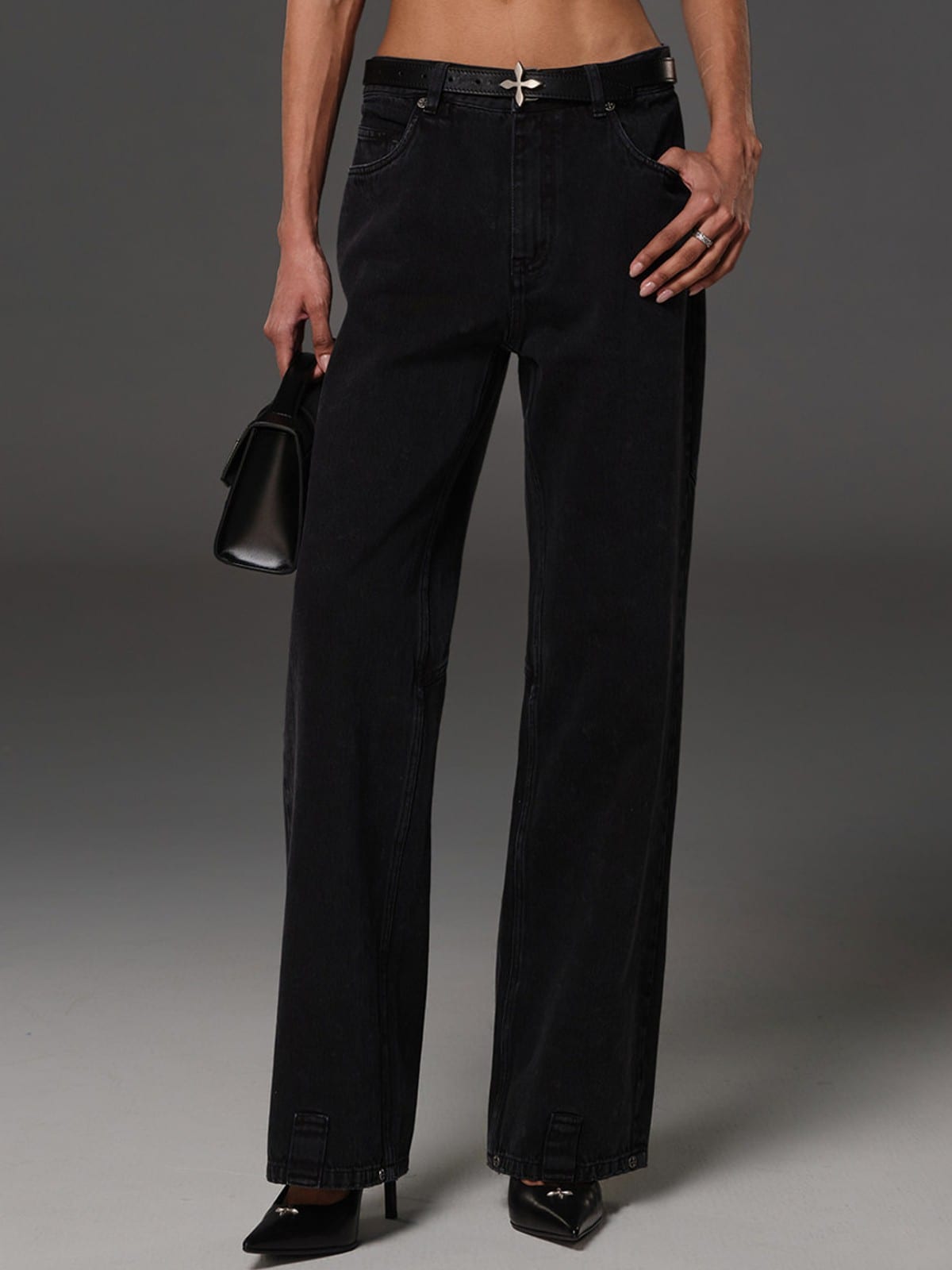 SMFK Vintage Wash Straight Leg Jeans in Gray - On Female Model