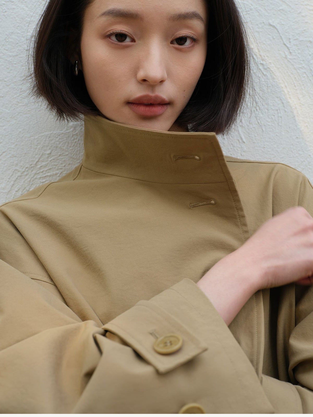 TEASEL Short Stand Collar Trench Coat in Khaki - On Female Model